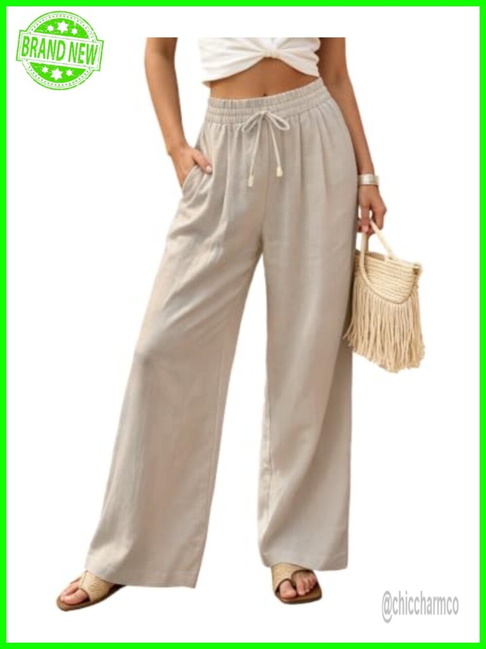 Linen Wide Leg High Waisted Pants with Pockets